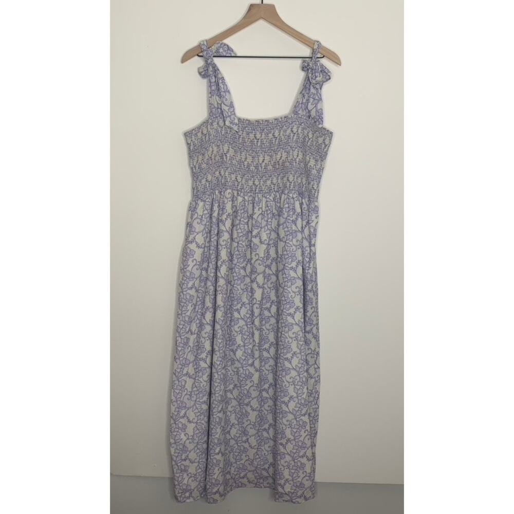 Smocked Tie-Shoulder Midi Dress in Light Lavender Floral